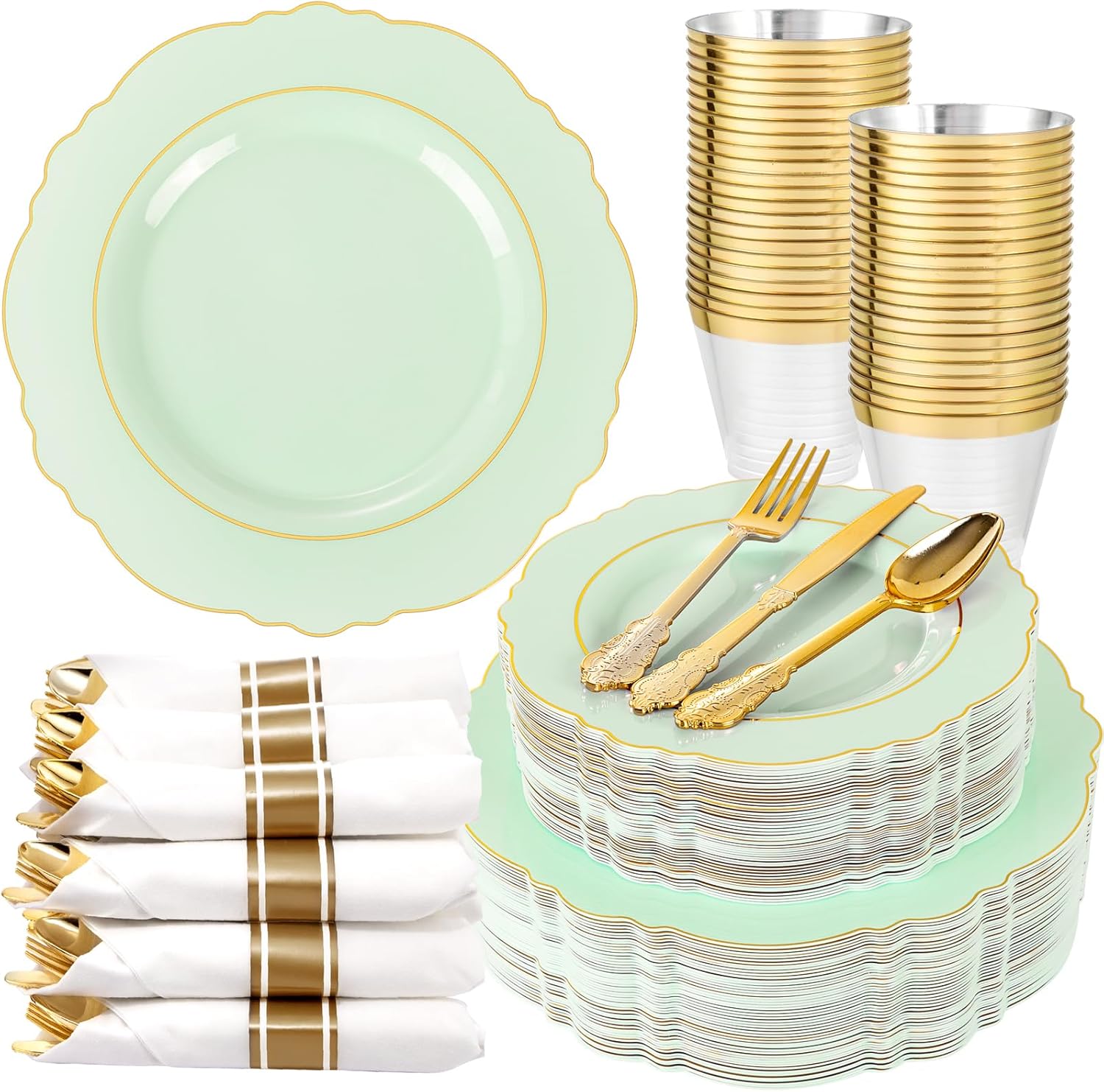 350PCS Light Green Plates - Disposable Green and Gold Plastic Plates 50guest Baroque Plastic Dinnerware include 100Plates, 50Pack Pre Rolled Napkins with Silverware 50Cups for Wedding\u0026Easter